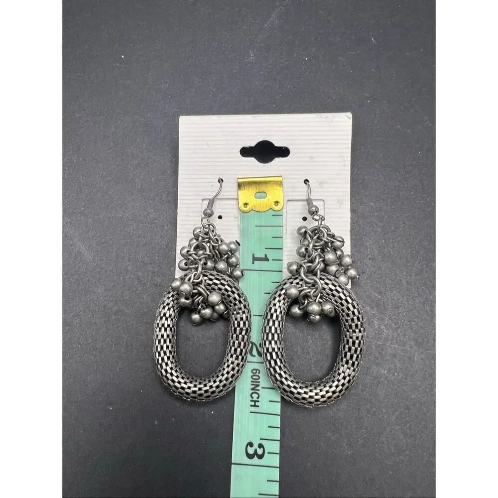 Gunmetal Gray Tone Hollow Popcorn Mesh Hoop Cluster Metallic Beads Drop Earrings